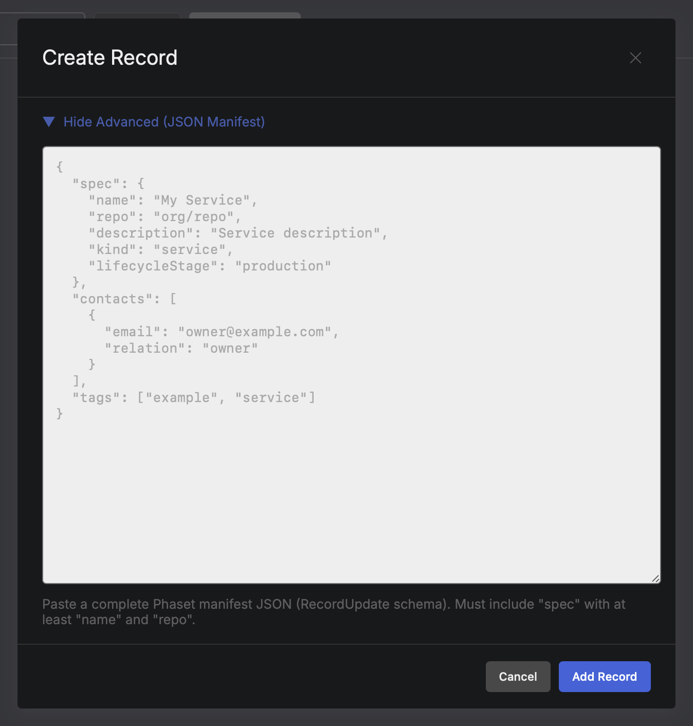 Creating records in Phaset using JSON data