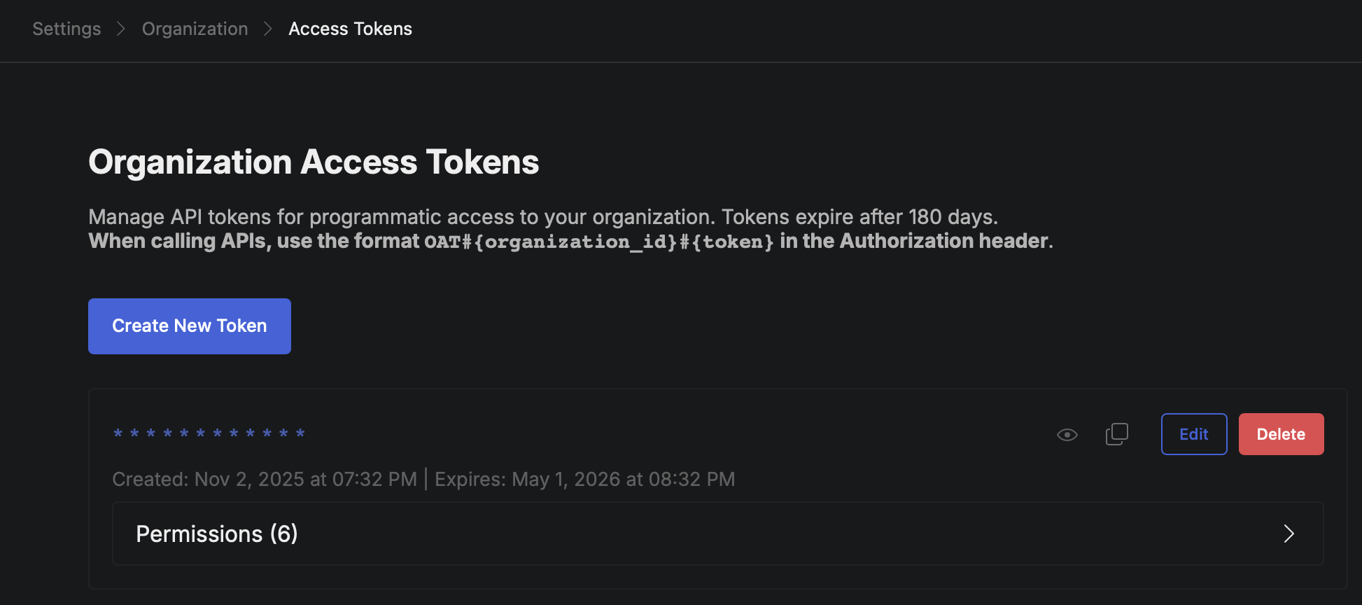 Organization Access Tokens interface showing token management and permissions